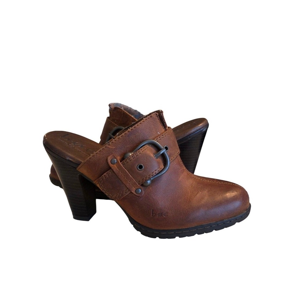b.o.c. Brown Leather Buckle Heeled Mules Block Heel Clogs BC2439 Size 7/38